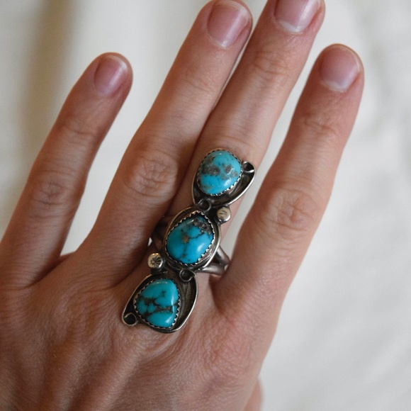 Vintage Jewelry - Vintage Size 7 Morenci Turquoise Pyrite Triple Stone Long Ring Sterling Silver